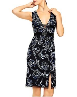 Aidan Mattox Black and Blue Cocktail Dress Beaded Deep V-Neck Midi Sheath Size 8